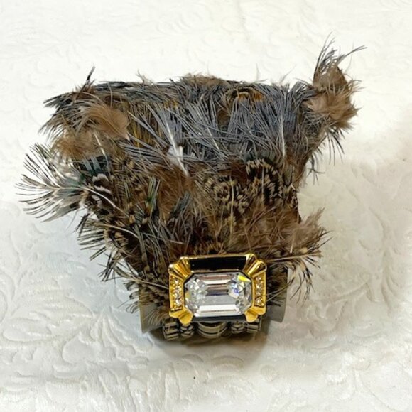 VTG Bird Feathered Crystal Rhinestones Brass Metal Bracelet Adjustable 6.5" - Picture 4 of 16